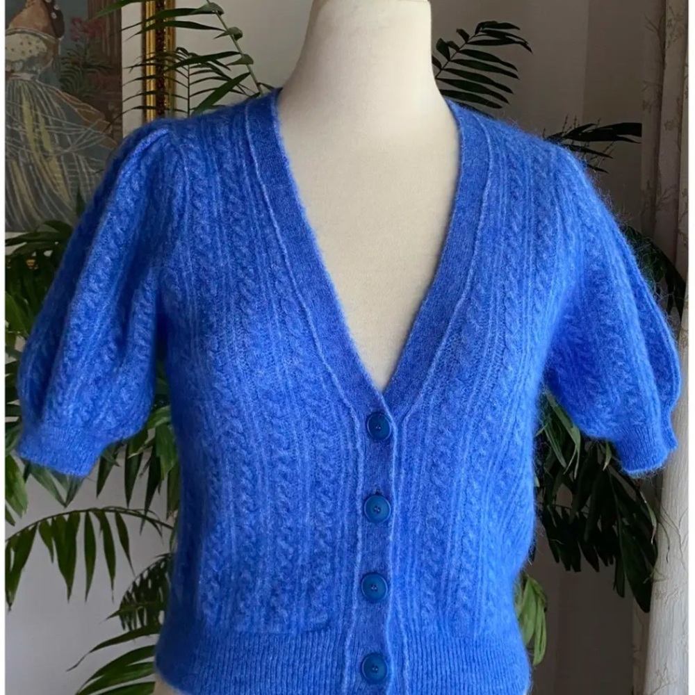 Sezane Royal Blue V-Neck Cable Knit Sweater